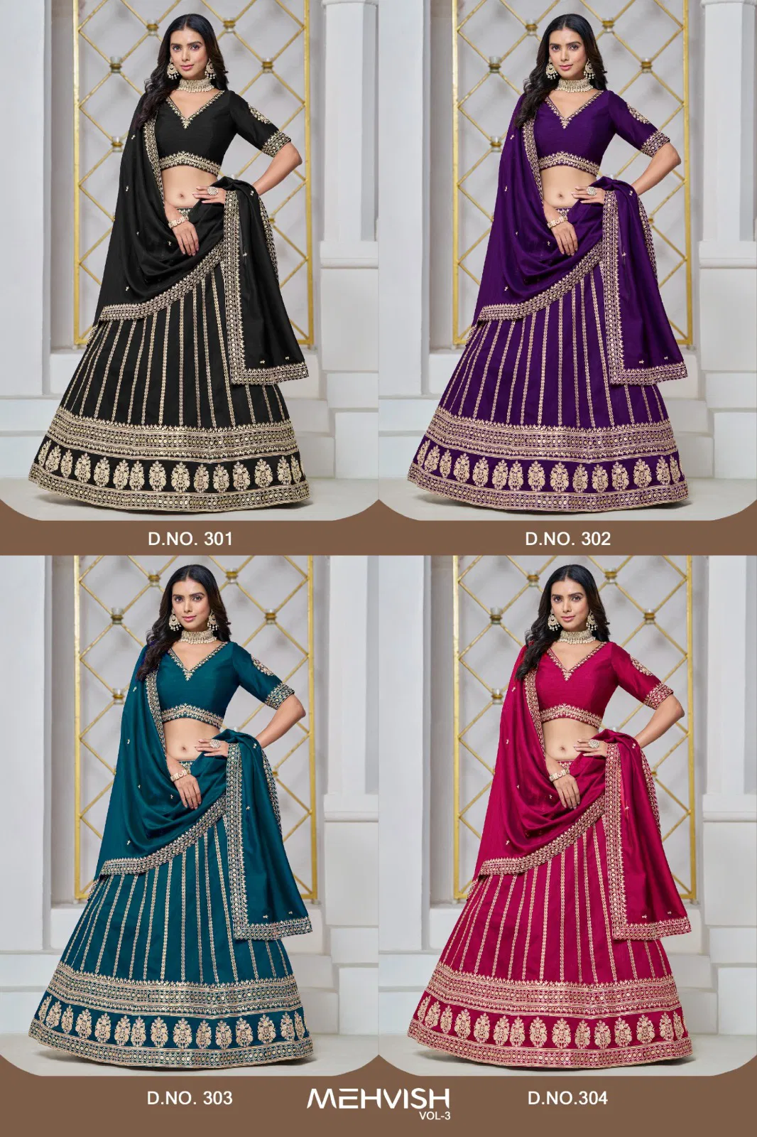 301 TO 304 Mehvish Vol 3 ART SILK Designer Wedding Wear Lehenga Choli Wholesale Online